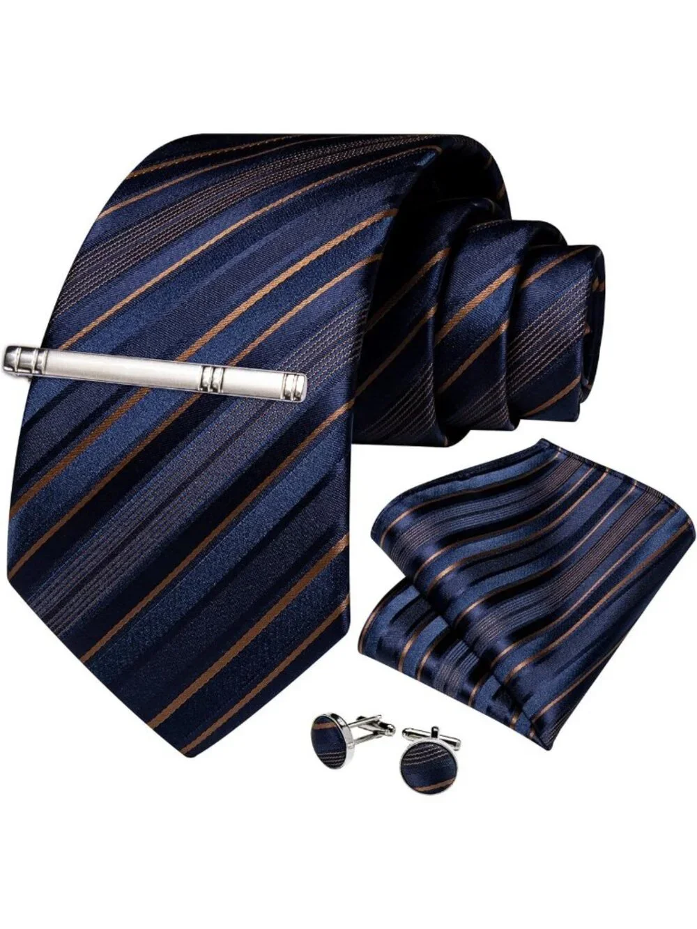 Men's Silk Striped Necktie Set with Pocket Square & Cufflinks - Formal Wedding
